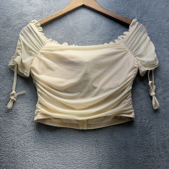 Babydoll Top Milkmaid Coquette Large Cream Off Shoulder Bustier Puff Sleeve Crop - Picture 9 of 11
